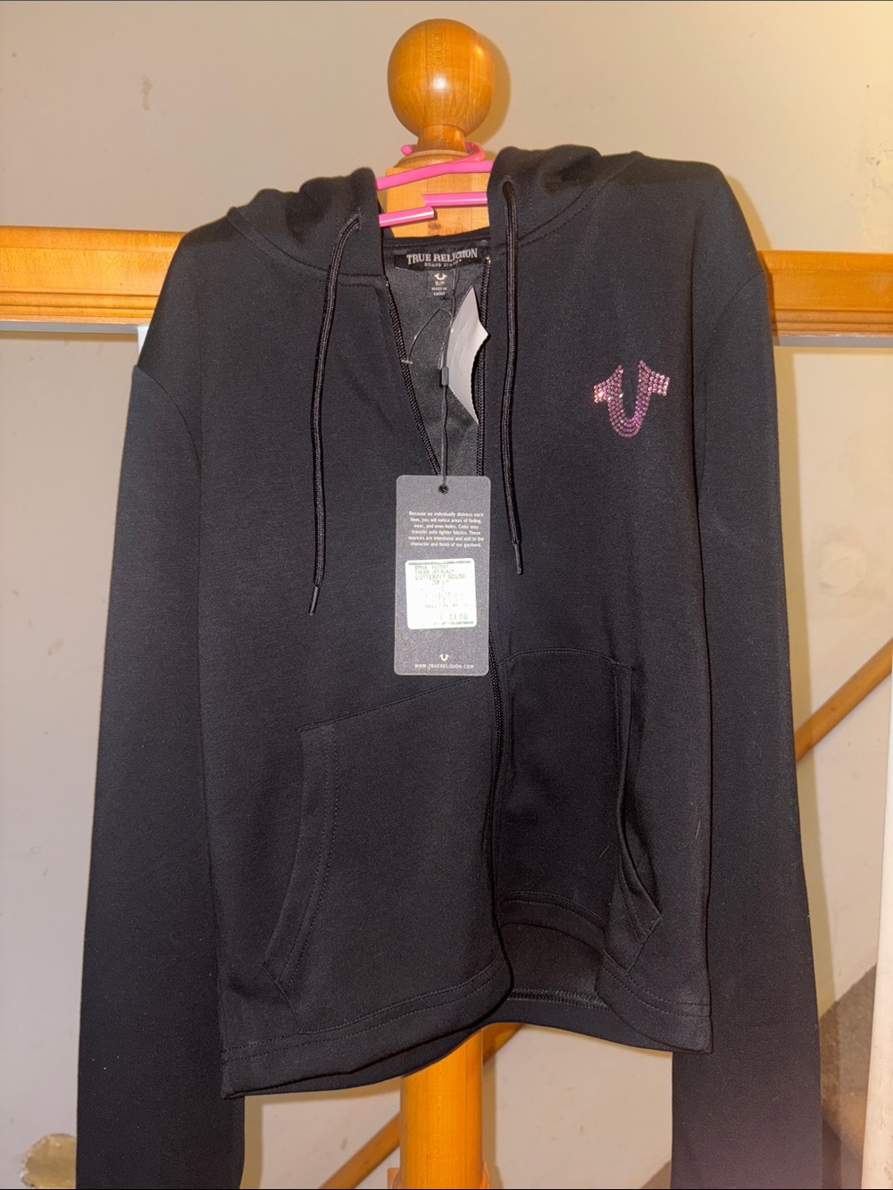 True Religion women / junior Black Zip Hoodie with Pink Rhinestone Logo Accent